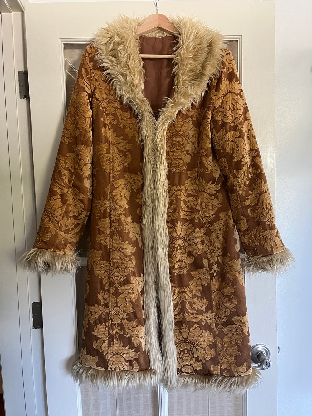 Vintage Gold and Amber Brocade Faux Fur Trim Coat